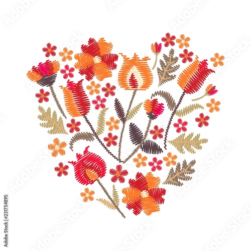 Embroidery with tribal motifs. Bouquet with beautiful bright flowers and leaves. Colorful floral composition on white background. photo