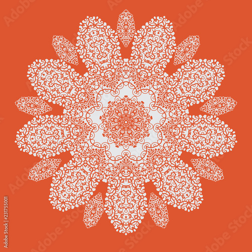 Hand drawn mandala on orange background. All objects are conveniently grouped and easily editable