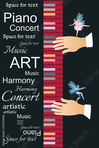 Template for a beautiful musical poster with abstract text, multicolored keyboard and small winged fairy and elf dancing on the hands of a musician isolated on a black background in vector.