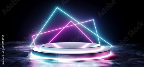 Empty Modern Futuristic Sci Fi Empty Dark Grunge Concrete Reflective Wet Room With White Led Glowing Stage On Black Background With Purple And Blue Abstract Neon Line Shaped Lights 3D Rendering