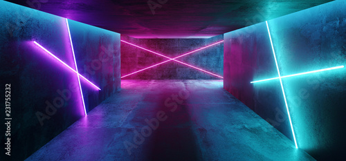 Fototapeta Naklejka Na Ścianę i Meble -  Modern Futuristic Sci Fi Concept Club Background Grunge Concrete Empty Dark Room With Neon Glowing Purple And Blue Pink Neon Lights 3D Rendering