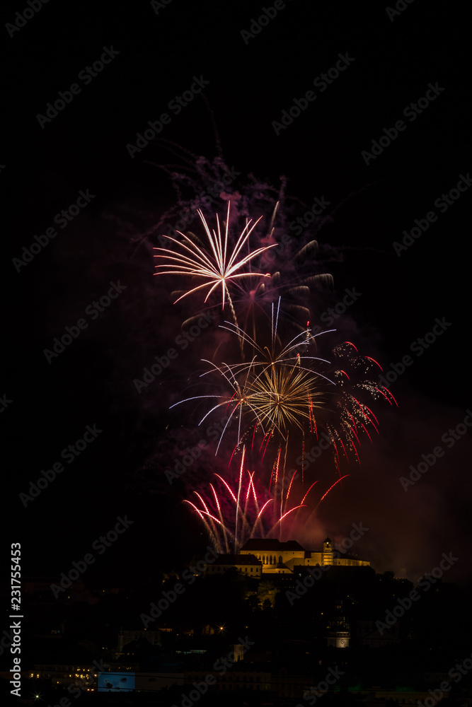 Huge and rich fireworks over the Brno castle Spilberk, Czech Republic Huge and rich fireworks over the Brno castle Spilberk, Czech Republic