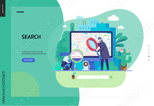 Business series, color 3 - search page - modern flat vector illustration concept of digital data research on computer. Information researching interaction process Creative landing page design template