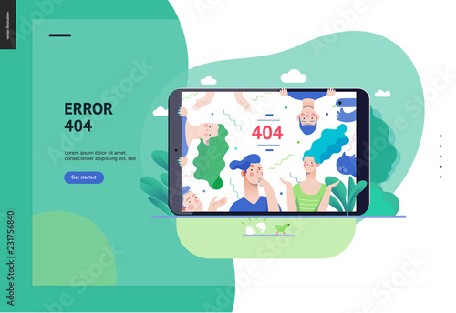 Business series, color 3 - error 404 -modern flat vector concept illustration of page Error 404 - puzzled people on the tablet screen. Page not found metaphor Creative landing page design template