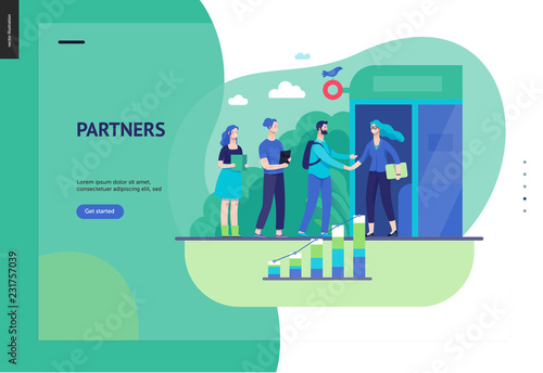 Business series, color 3 - partners -modern flat vector illustration concept of people shaking their hands in the office entrance. Business workflow management. Creative landing page design template
