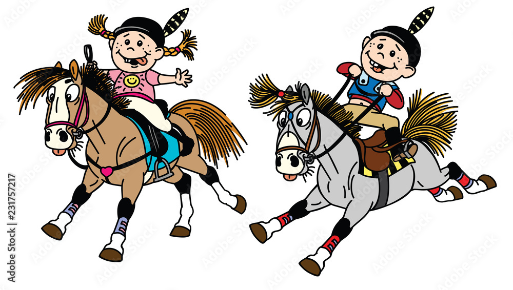 cartoon boy and girl riding pony horses in the gallop. Children horseback summer riding camp or vacation. Funny equestrian sport . Vector illustration
