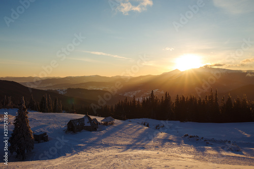 Beautiful sunrise in the mountains. beautiful view of the mountains. Concept of travel, freedom, beauty of nature. beautiful day, sunny weather, blue sky.