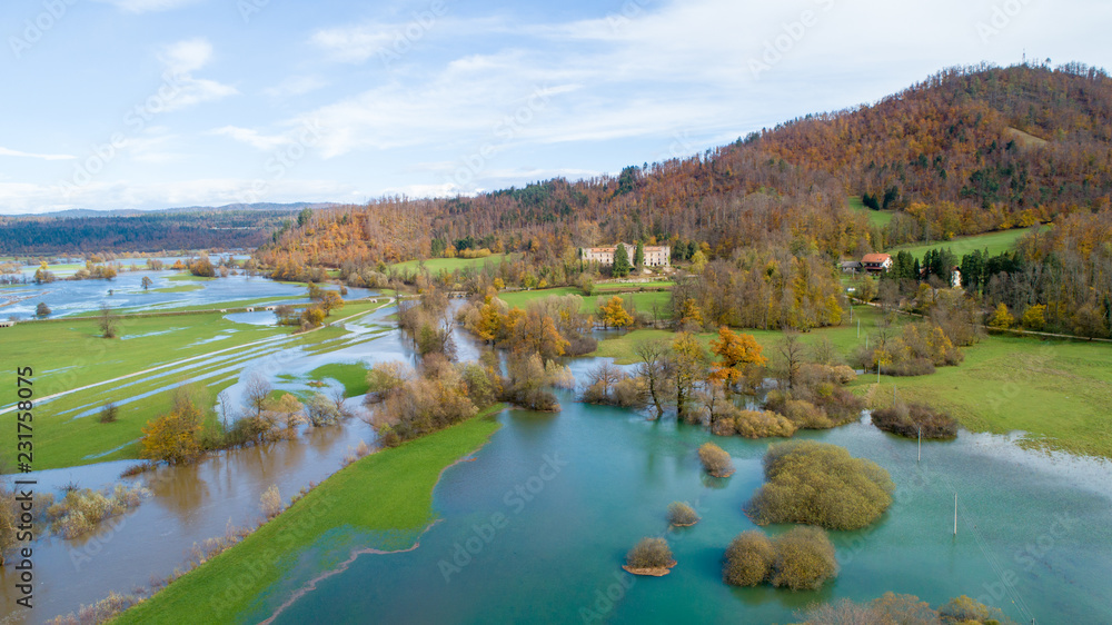 Planinsko polje is a most typical karst polje in Dinaric karst, Slovenia. After the heavy rain, the area is flooded and it becomes intermittent lake.