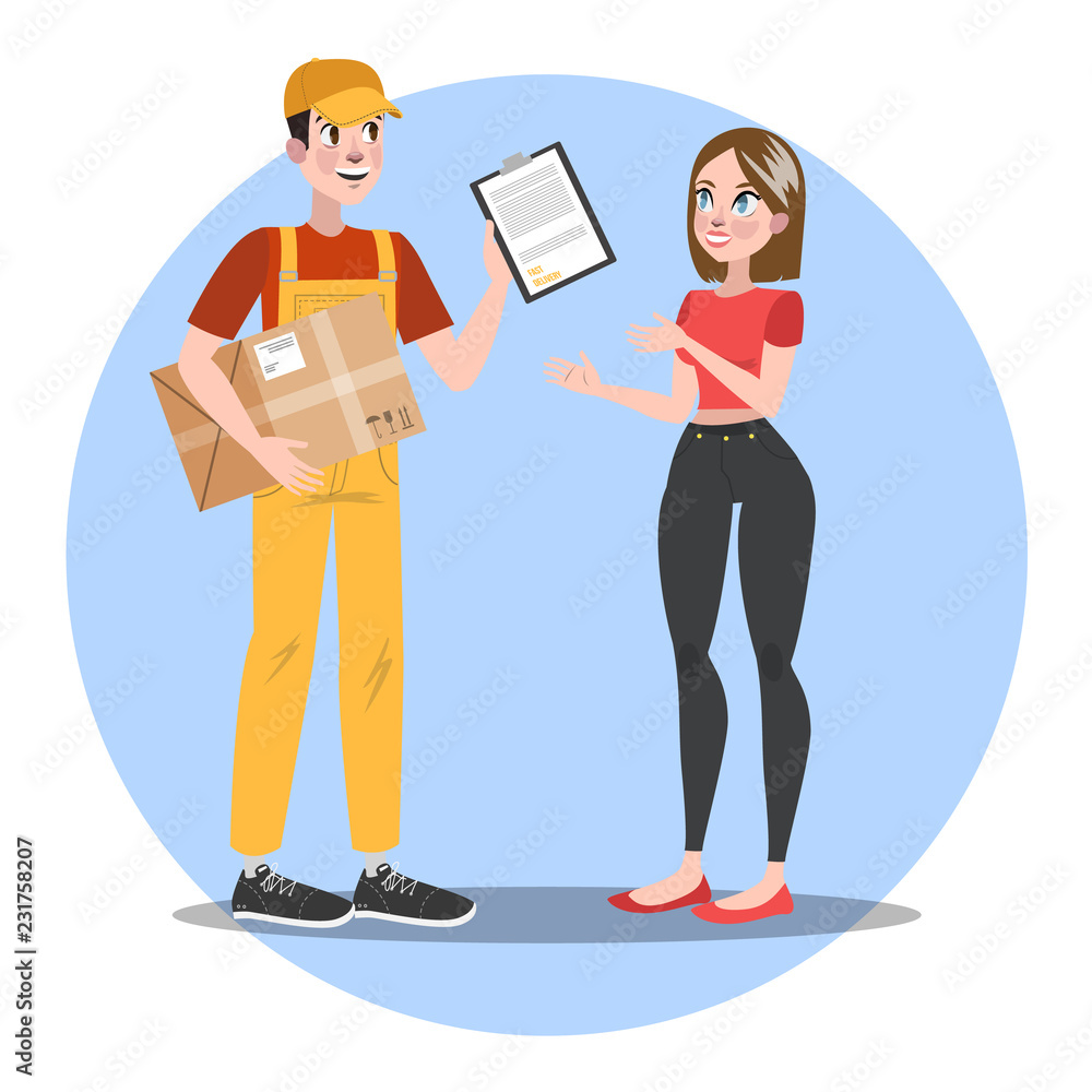 Fototapeta premium Fast delivery set. Courier in uniform with box