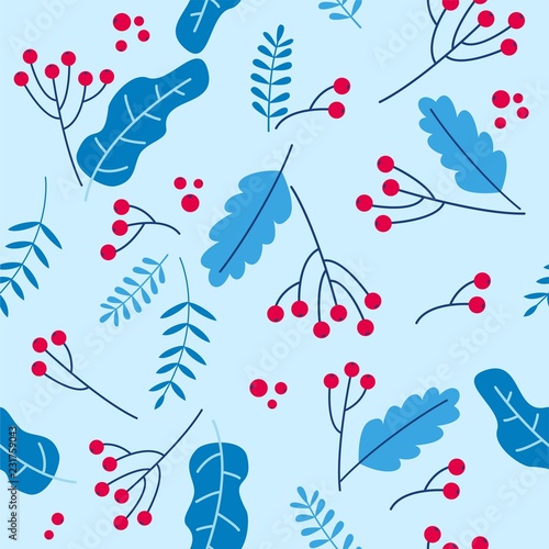 Seamless pattern with red berries and blue leaves