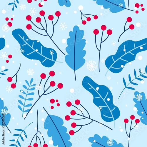 Seamless pattern with red berries,  blue leaves and snowflakes