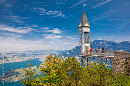 Hammetschwand elevator in Alps near Burgenstock with the view of Swiss Alps and Lucerne lake, Switzerland, Europe.