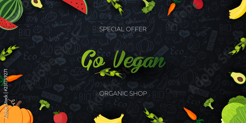 Go vegan. Healthy food. Vegetarian banner. Hand-draw doodle background. Vector illustration.