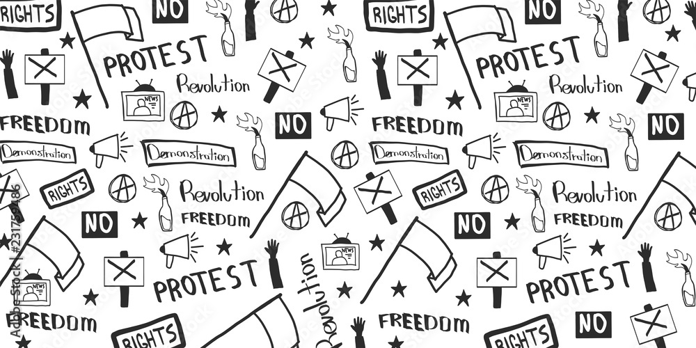 Demonstration, manifestation, protest, strike, revolution. Banner with hand-draw doodle elements on the background.