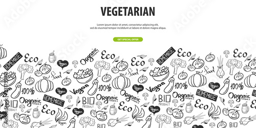 Go vegan. Healthy food. Vegetarian banner. Hand-draw doodle background. Vector illustration.