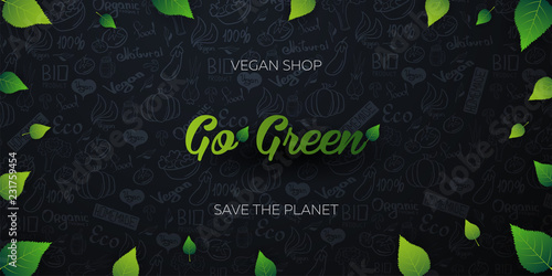 Go Green. Healthy food. Vegetarian banner. Hand-draw doodle background. Vector illustration.