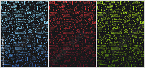 Demonstration, manifestation, protest, strike, revolution. Banner with hand-draw doodle elements on the background.