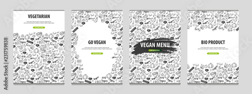 Set of Vegetarian banners. Hand-draw doodle background. Vector illustration.