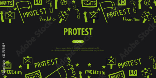 Demonstration, manifestation, protest, strike, revolution. Banner with hand-draw doodle elements on the background.