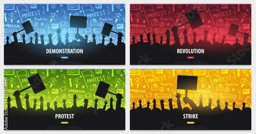 Silhouettes Crowd of people with flags, banners. Demonstration, manifestation, protest, strike, revolution. Set of Banners with hand-draw doodle elements on the background.