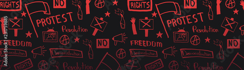 Demonstration, manifestation, protest, strike, revolution. Banner with hand-draw doodle elements on the background.