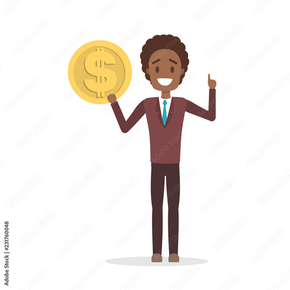 Businessman character holding a big golden coin Businessman character holding a big golden coin
