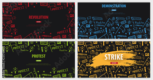 Demonstration, manifestation, protest, strike, revolution. Banner with hand-draw doodle elements on the background.