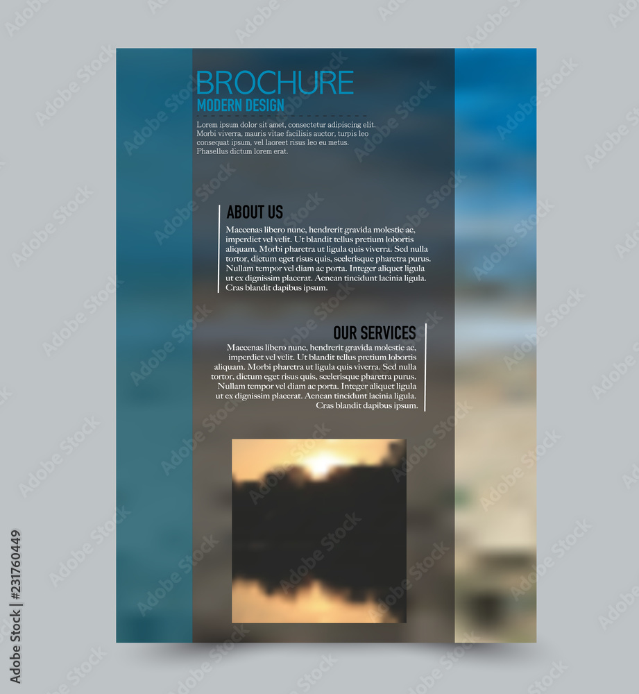 Fototapeta premium Blue flyer design template with built in images. Brochure for business, education, presentation, advertisement. Corporate identity style concept. Editable vector illustration.