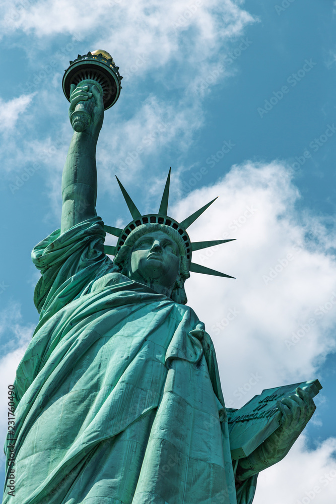 Obraz premium New York City / USA - AUG 22 2018: The statue of liberty back view in clear blue sky