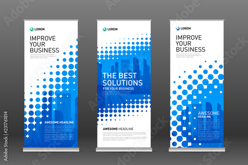 Halftone roll up banner design templates set.