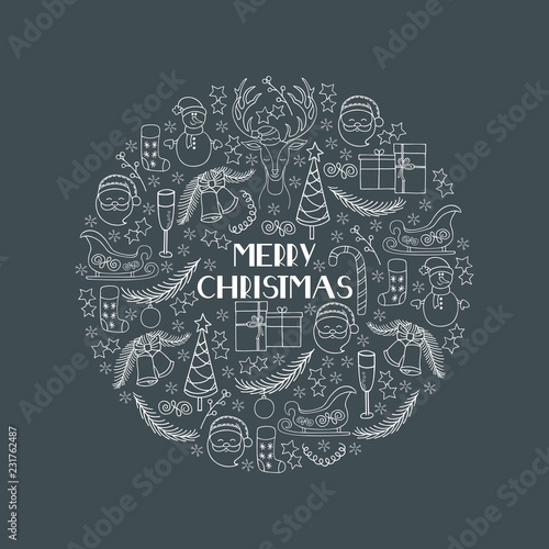 Hand drawn Christmas and New year arranged in a circle. Vector drawing of winter holidays symbols: Santa, gift, Christmas tree, bells, sock for gifts, Santa's sleigh, garland, snowman, deer, snowflake