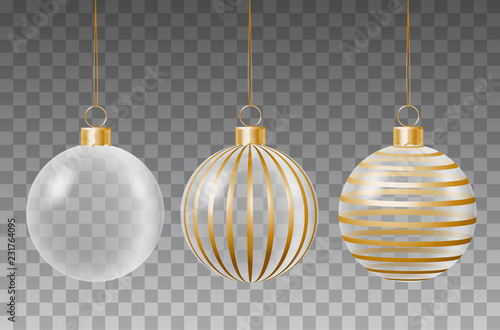 Vector set of glass transparent christmas decorative baubles with golden ribbon stripes hanging on string