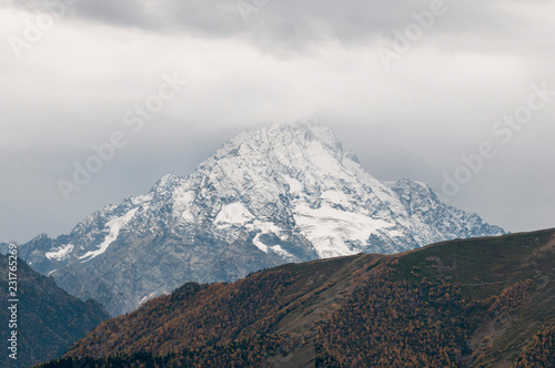 Dark mountain landscape. Caucasian mountains in cloudy weather.