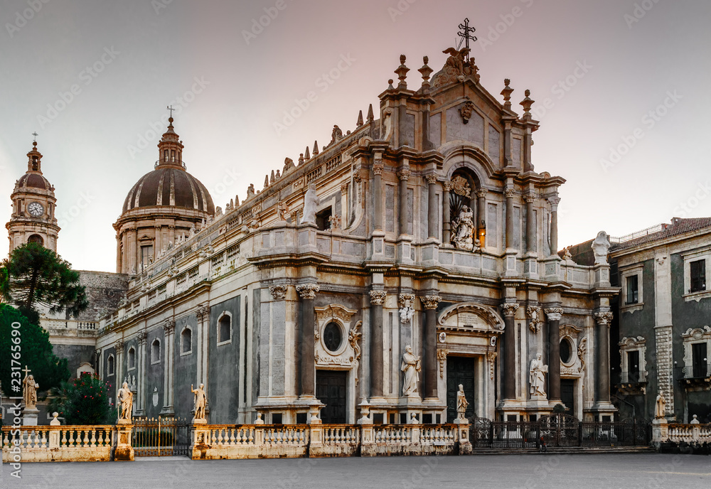 Morning in Piazza del Duomo with Cathedral of Santa Agatha in Catania, Sicily, Italy.