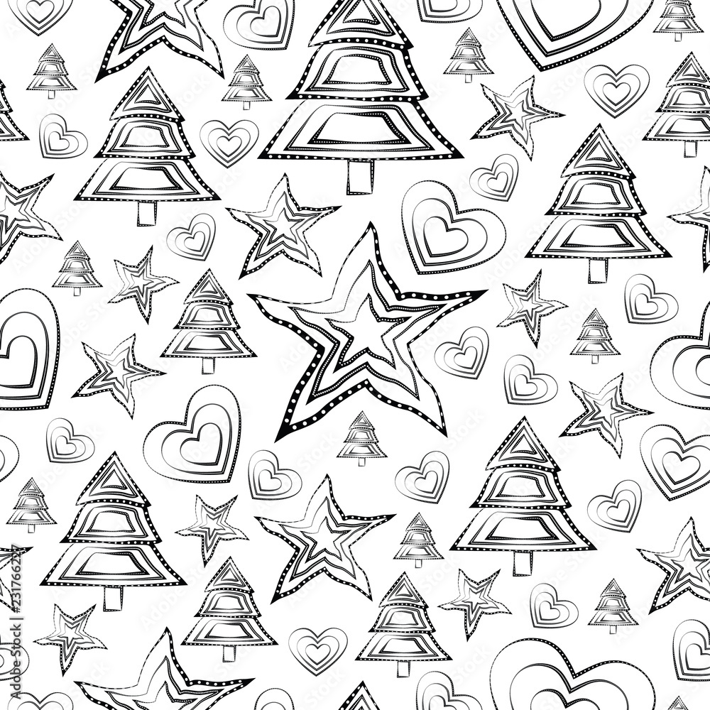 Black and white dynamic vector design of a seamless Christmas pattern with black hearts, stars and Christmas trees, containing tribal elements on white background Black and white dynamic vector design of a seamless Christmas pattern with black hearts, stars and Christmas trees, containing tribal elements on white background