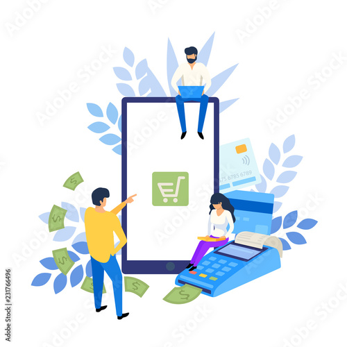 Online and mobile payments concept. Pos terminal confirms payment. Online banking and shopping for web page, social media, documents, posters vector illustration