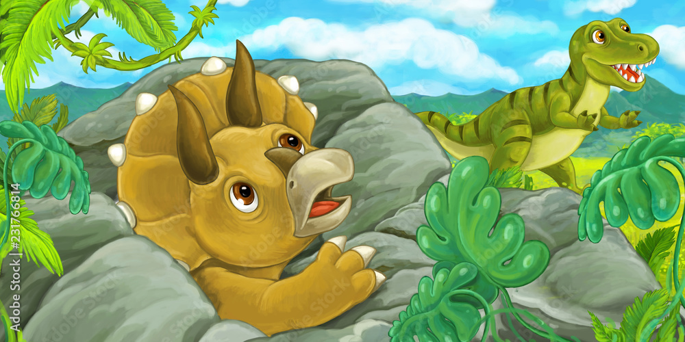 Fototapeta sceny kreskówki z triceratops hidind za skałą z tyranozaurem rex