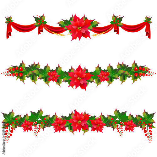 Christmas garland with poinsettia and red ribbons ,isolated on a white