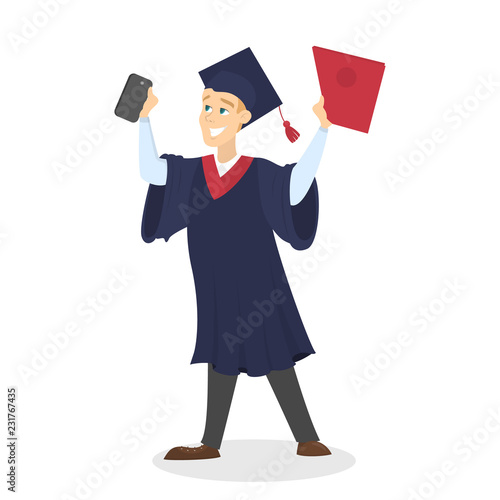 Smiling schoolkid holding gadget in the arms