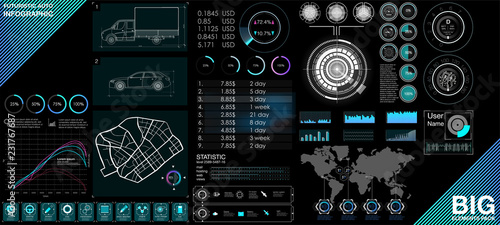 Modern auto infographic vector template with statistics graphs and car parts and accessories. Diagram template and chart graph, graphic information visualization illustration.