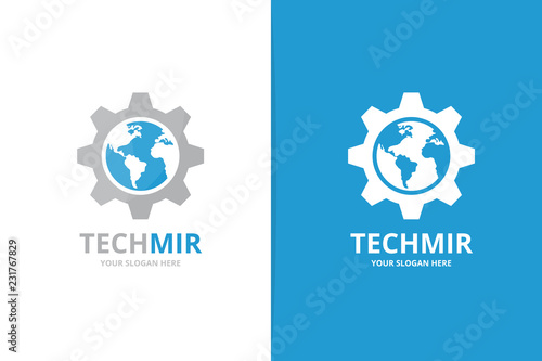 Vector world and gear logo combination. Earth and mechanic symbol or icon. Unique globe and industrial logotype design template.