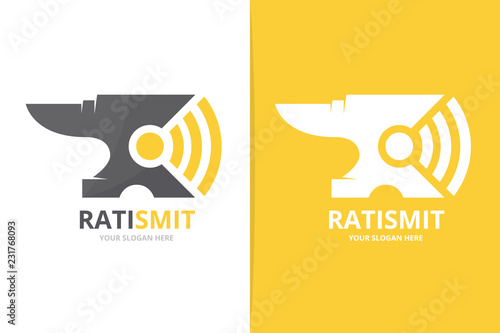Vector smith and wifi logo combination. Blacksmith and signal symbol or icon. Unique metal and radio logotype design template.