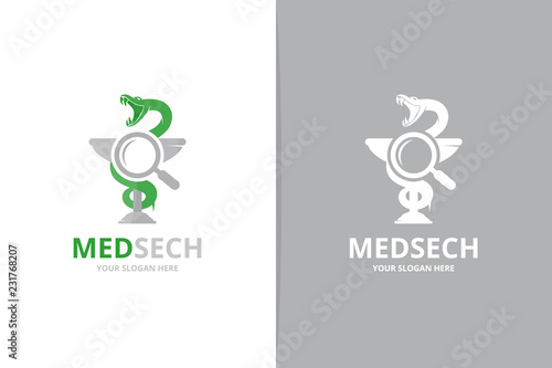 Vector medicine and loupe logo combination. Pharmacy and magnifying symbol or icon. Unique ambulance and search logotype design template.