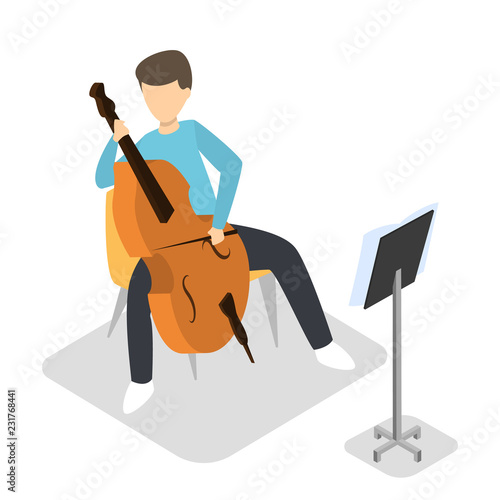 Man or boy play cello. Classic musician from orchestra