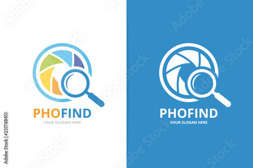 Vector camera shutter and loupe logo combination. Lens and magnifying symbol or icon. Unique photo and search logotype design template.