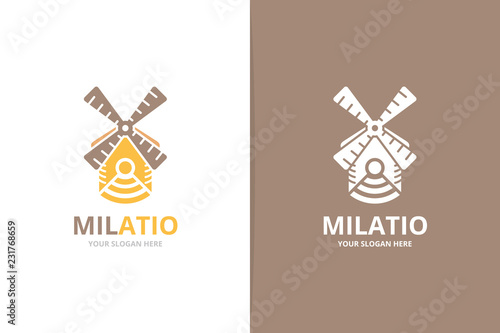 Vector mill and wifi logo combination. Farm and signal symbol or icon. Unique windmill and radio logotype design template.