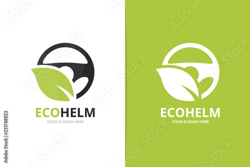 Vector car helm and leaf logo combination. Steering wheel and eco symbol or icon. Unique rudder and organic logotype design template.