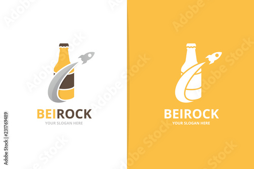 Vector bottle and rocket logo combination. Beer and airplane symbol or icon. Unique alcohol and flight logotype design template.