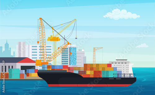 Logistics truck and transportation container ship. Cargo harbor port with industrial cranes. Shipping yard vector illustration.