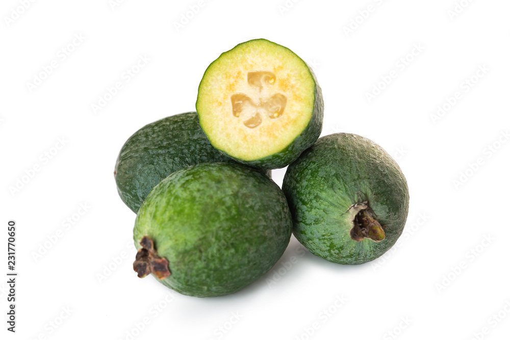 Closeup feijoa group of fruits isolated at white background.